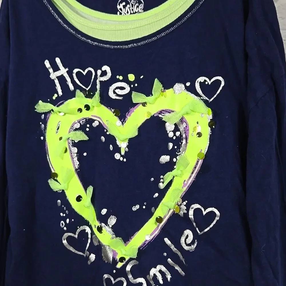 Justice Girls Layered Top Size 12 Navy Lime Graphic Shirt Tween Everyday Tee